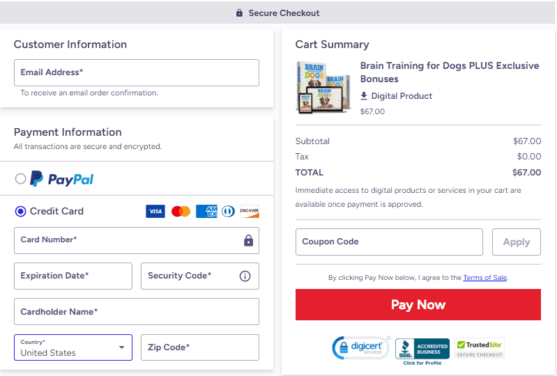 Brain Training for Dogs secure checkout page screenshot
